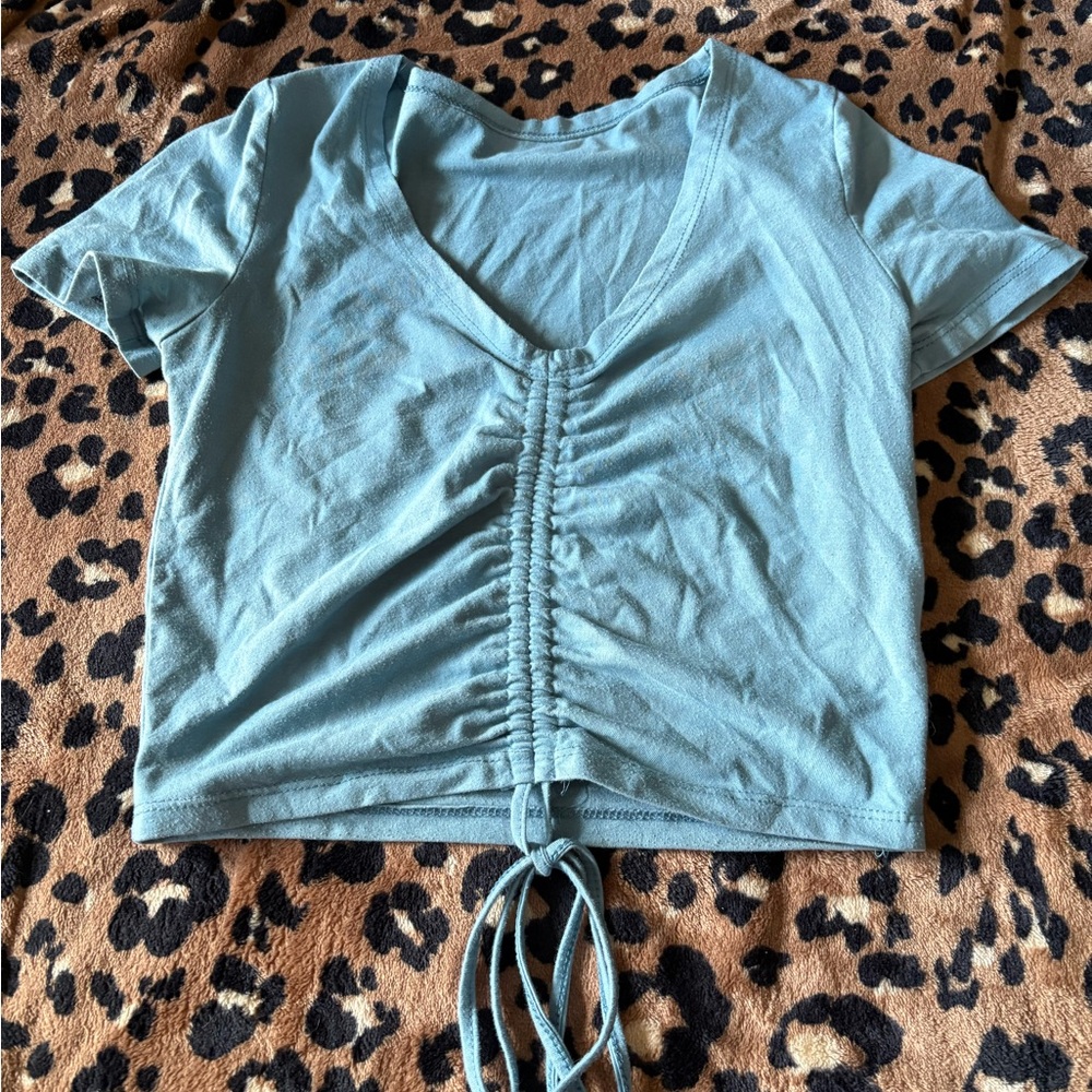 SHEIN Blue Crop Ruched Tie Front Top